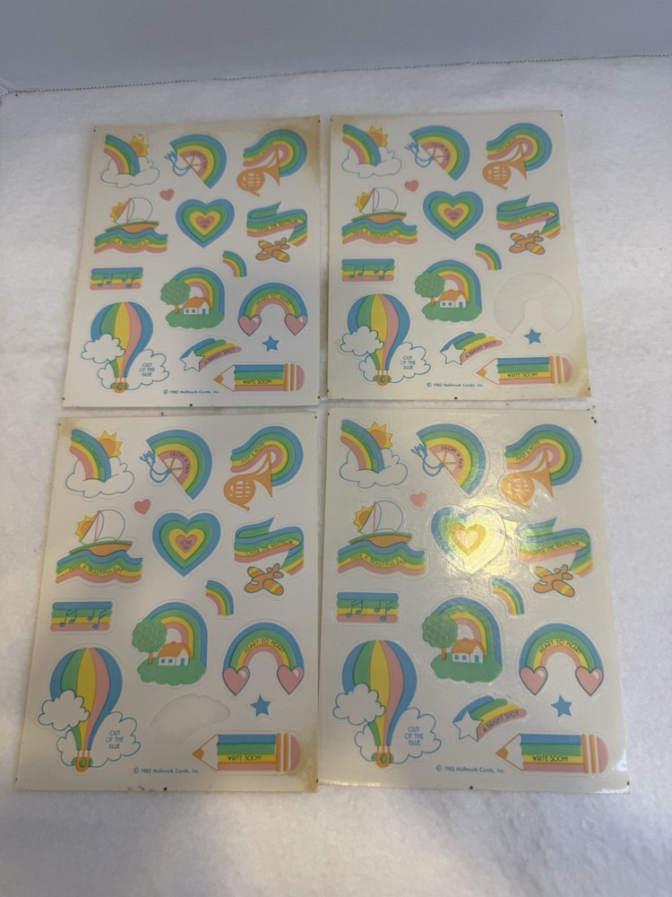 Vintage (4) Sheets Hallmark Sticker Lot 80s Rainbows Balloons Pencils Pastels
