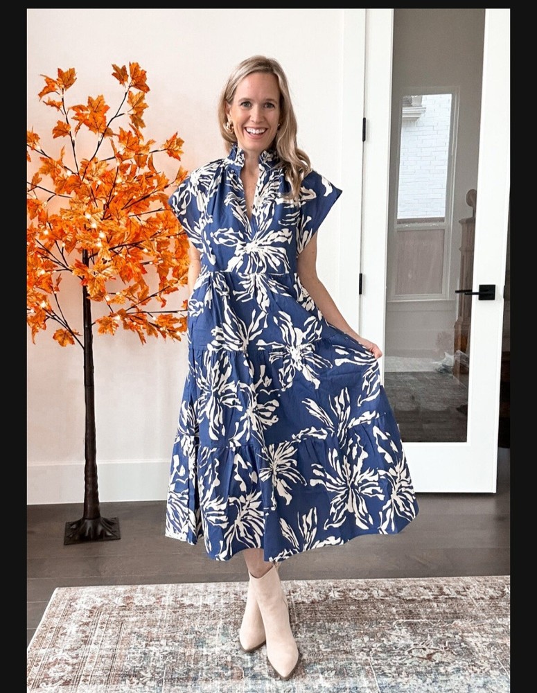 Pinch Cotton Ruffle Midi Dress Large Blue White Floral Boho Oversize