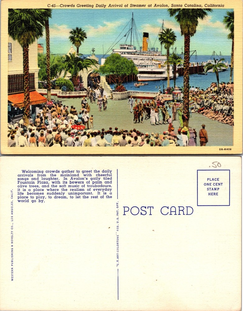 Steamer Arrival Crowds Avalon Santa Catalina CA Postcard