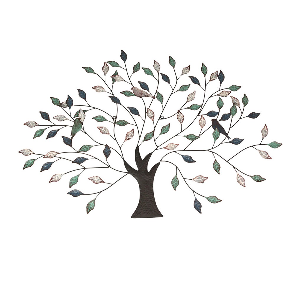 36 inch Tri Tone Leaves Birds In Branches Metal Tree Indoor Outdoor Wall Hanging