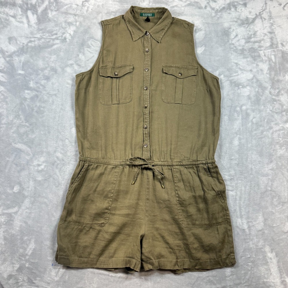 Ralph Lauren Shorts Romper Jumper Linen Blend Olive Army Green Women’s Size 16