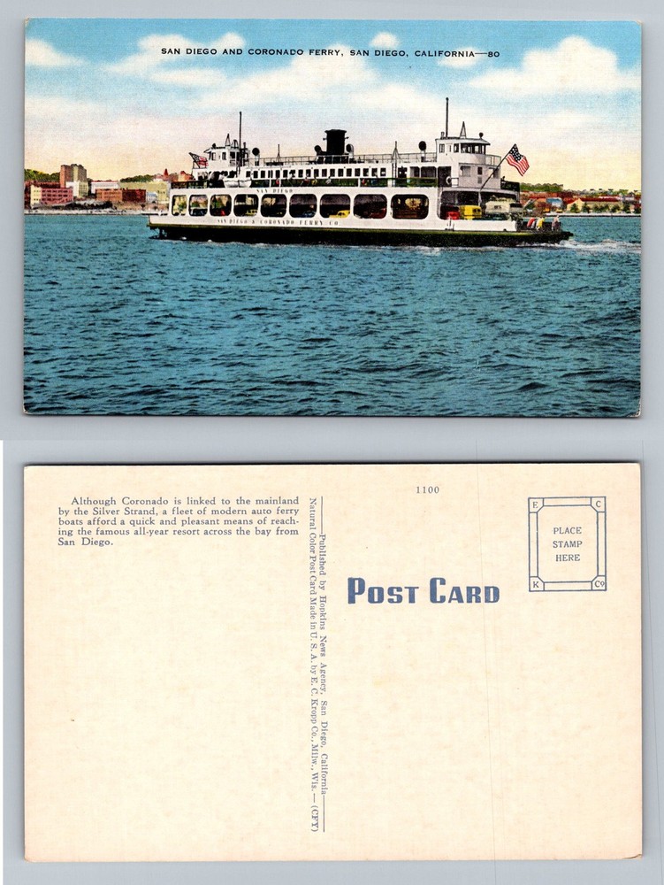 San Diego, CA-California, San Diego Coronado Ferry Bay Crossing Vintage Postcard