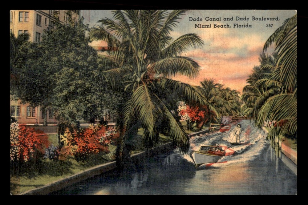 Dade Canal & Boulevard Miami Beach Florida FLA FL Postcard Boat Person Skiing