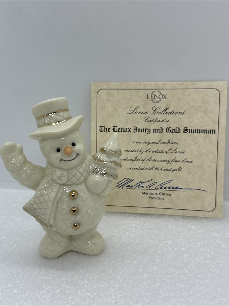 The Lenox Ivory And Gold Snowman 24K Accent Trim Christmas Winter Decor 3.5” COA-image