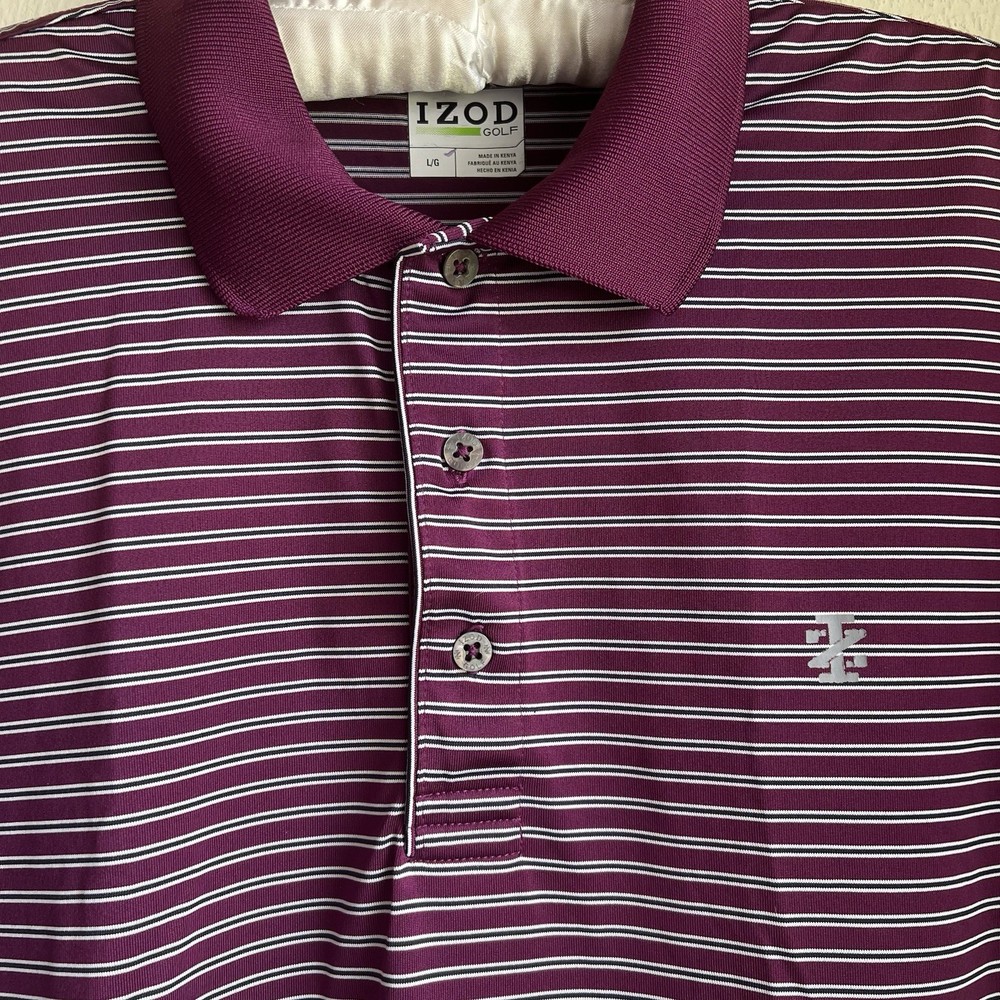 IZOD Mens Performance Golf Polo Shirt Large White Maroon Striped