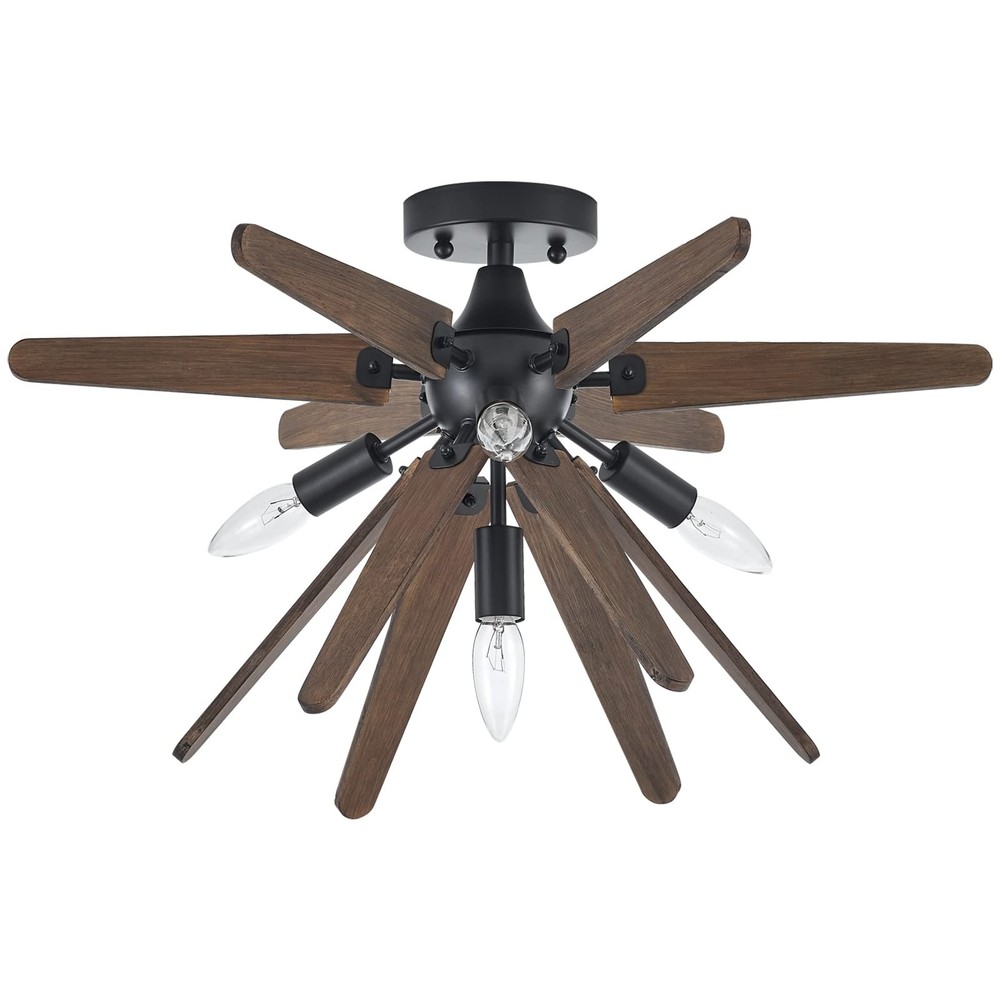 4-Light Black Sputnik Semi Flush Mount Farmhouse Wood Hallway Light Fixture