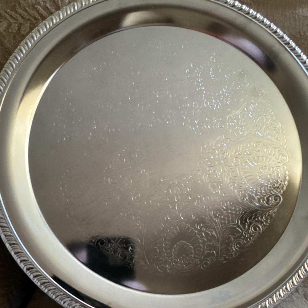 Irvinware Round Serving Tray Silver Metal Floral Pattern