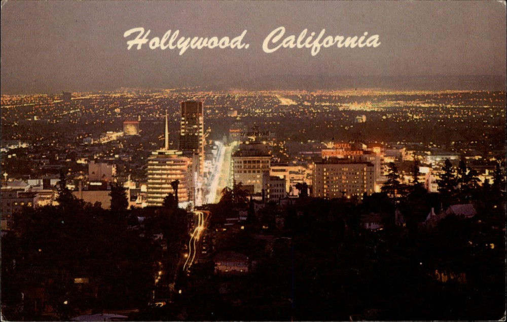 Hollywood California aerial view at night ~ unused postcard sku147