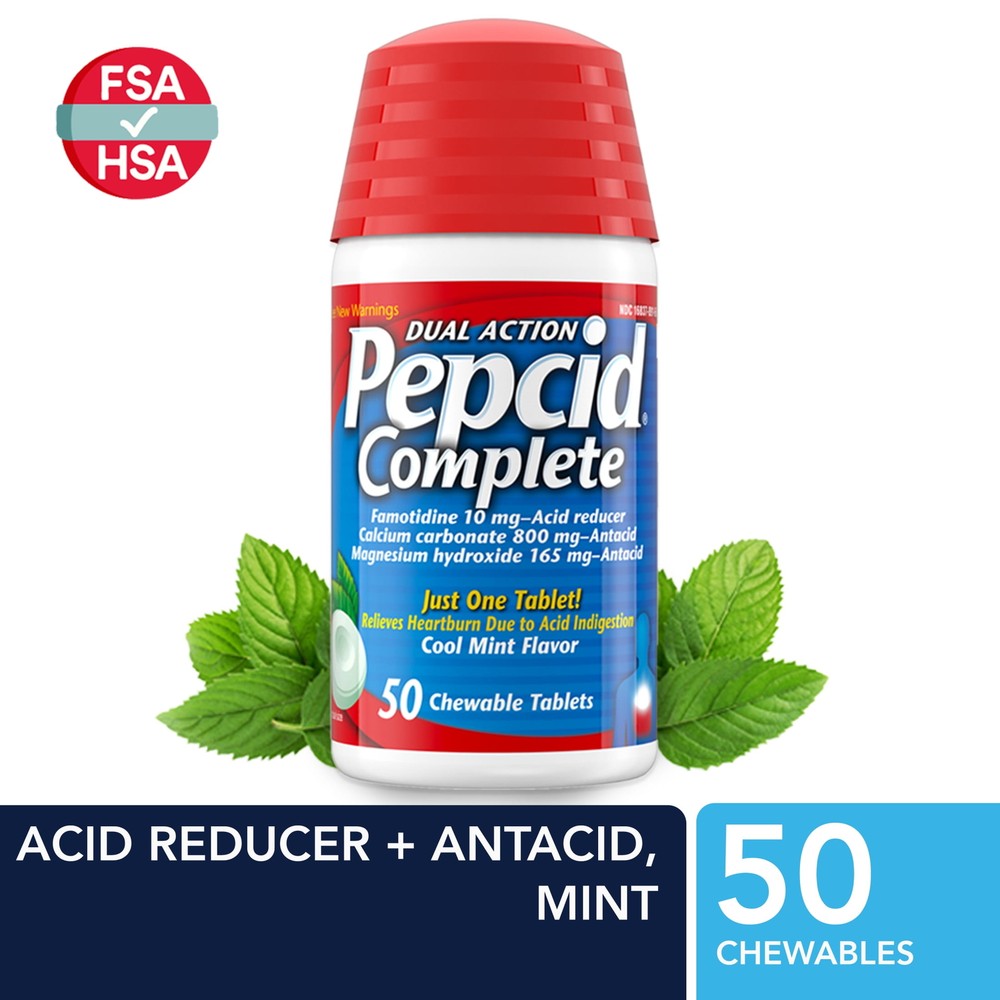 Pepcid Complete Acid Reducer + Antacid Chewable Tablets, Cool Mint Flavor, 50 Ct
