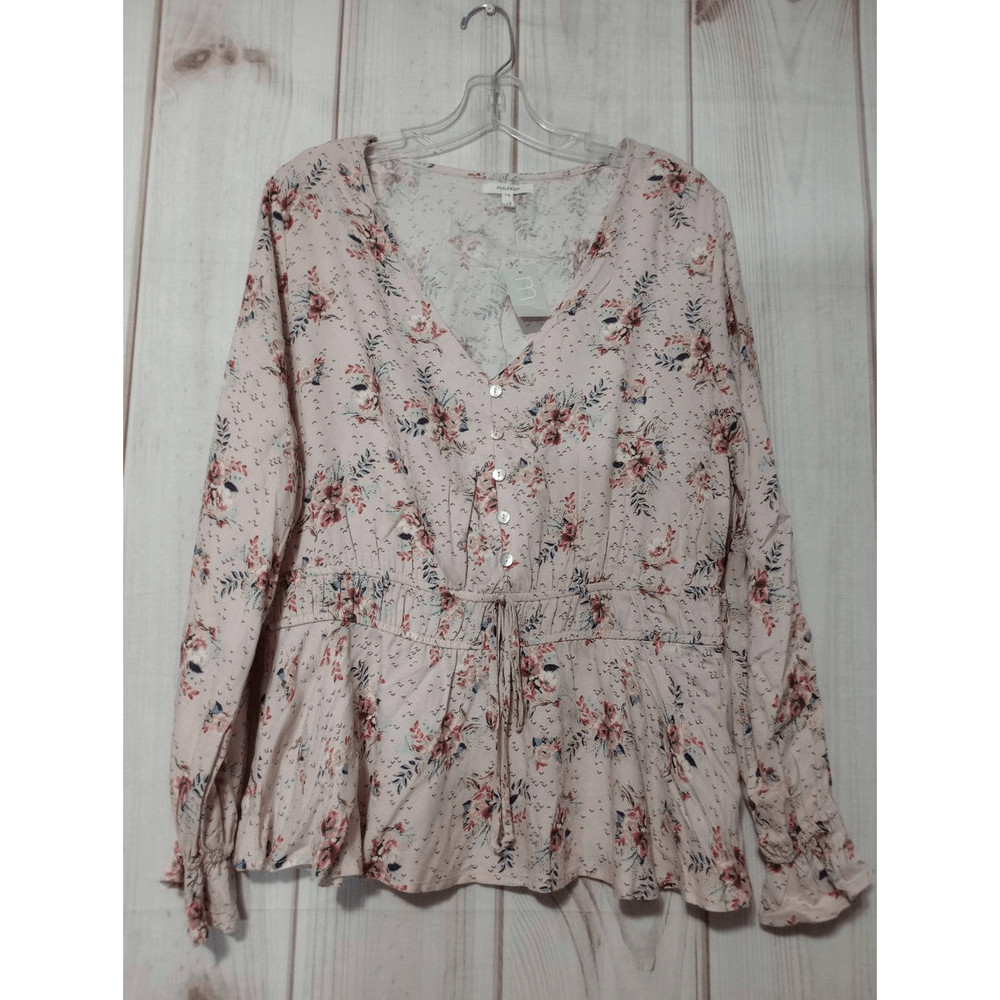 Maurices Floral Blouse Button Front Peplum Long Sleeve Womens Top