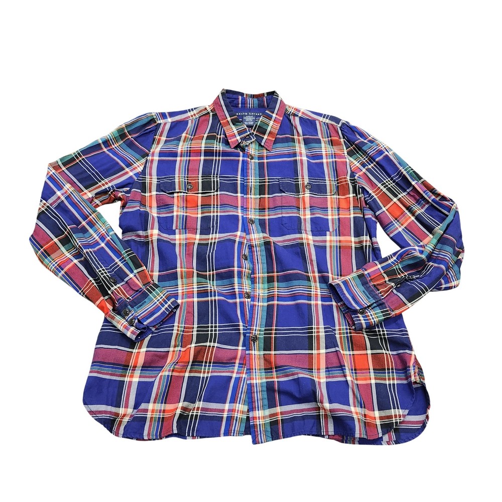 Ralph Lauren Shirt Mens Large Blue Plaid Long Sleeve Button Front Slim Fit