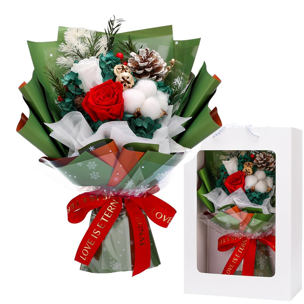 Christmas-Themed Preserved Flower Bouquet with Gift Box - Lasts 3-5 Years