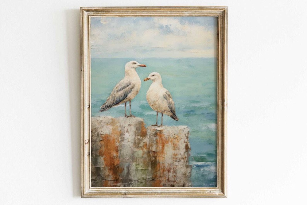 Seagull Art Print Sea Bird Wall Art Bird Painting Sea Coastal Landscape Wall