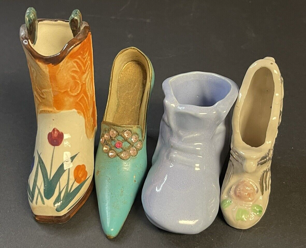 Vintage Small Ceramic & Metal Miniature Shoes Boots Collectible Decorative