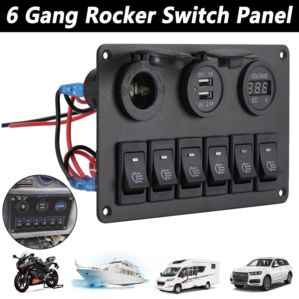 Blue Rocker Switch Panel 6 Gang Circuit Breaker Car Marine Boat LED Waterproof