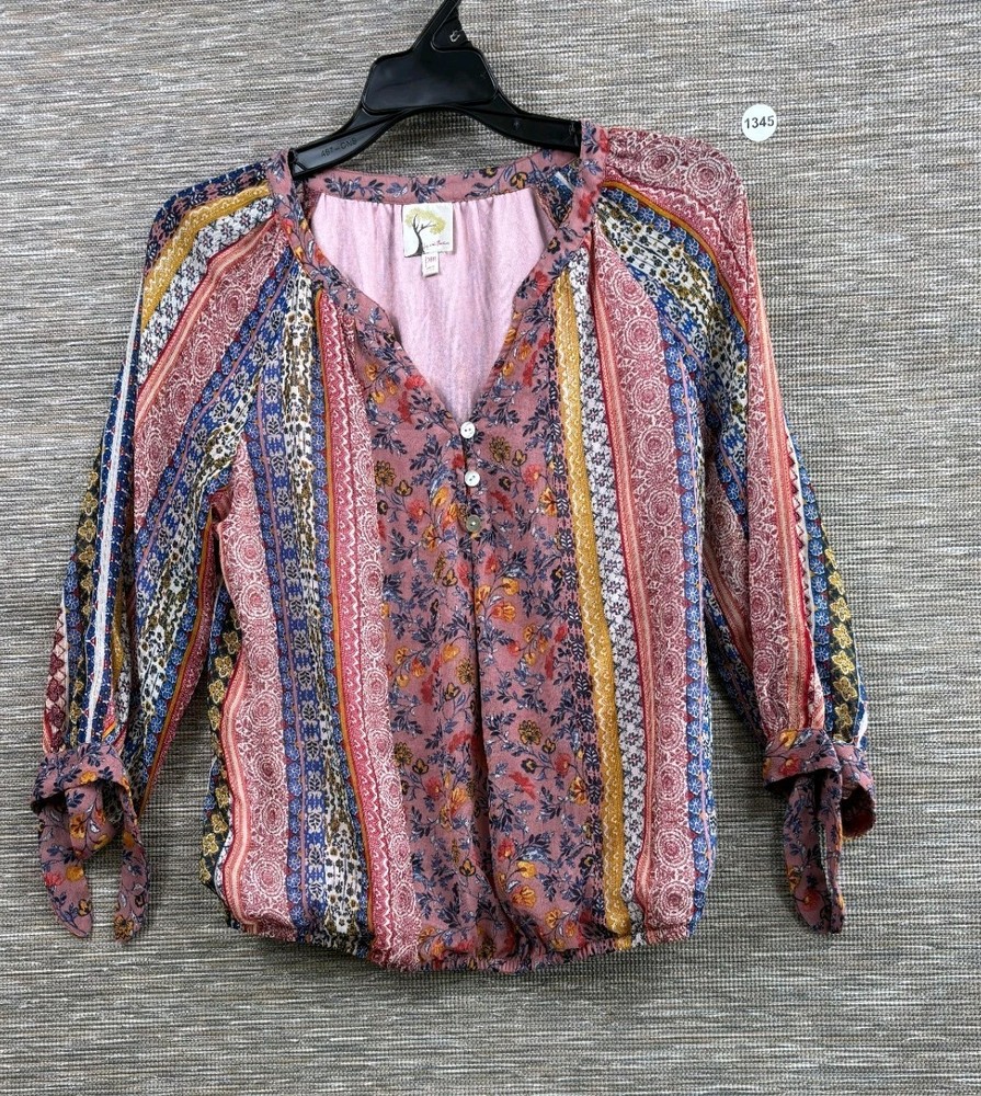 Fig & Flower Floral Boho Long Sleeve Peasant Blouse Womens Size PM Multicolor