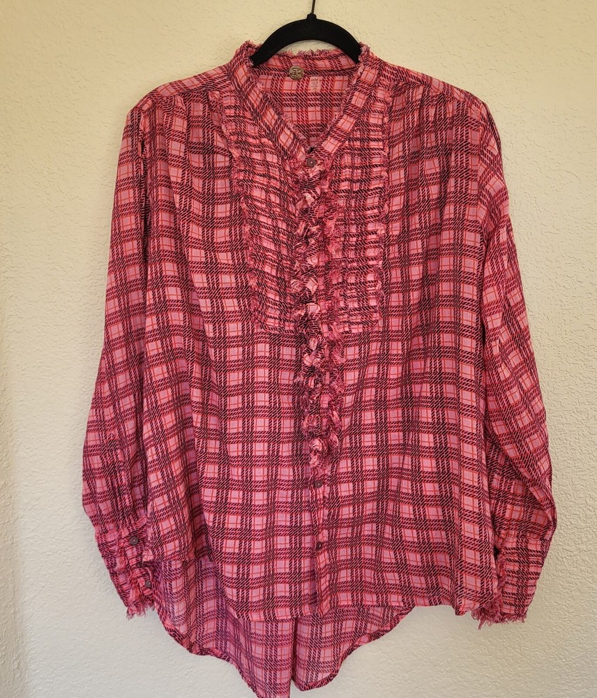 Free People Oversized Miles Tuxedo Ruffled Blouse in Pink Black Plaid Size XS
