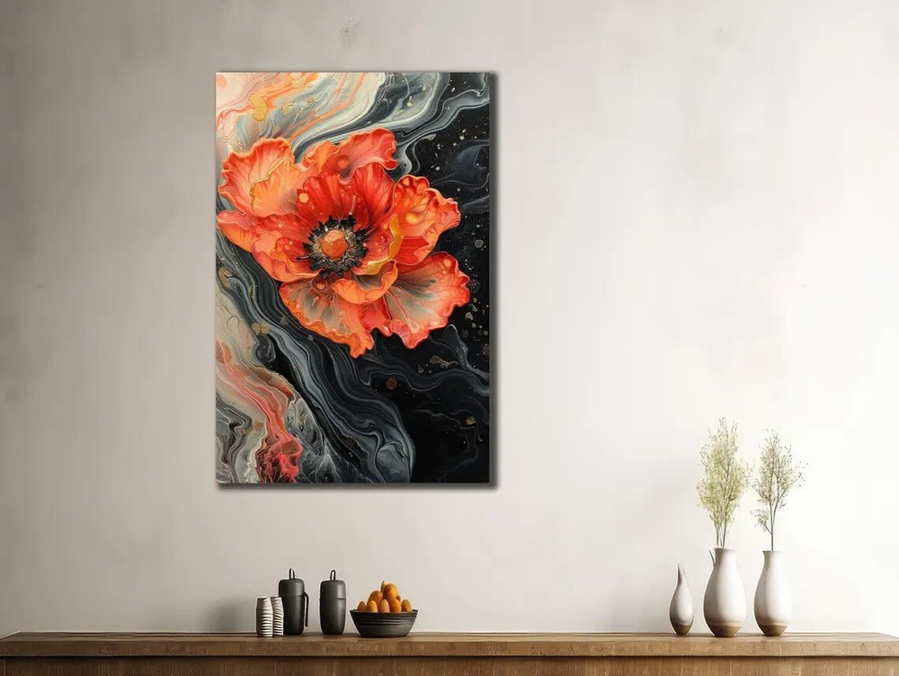 Big Orange Flower & B&W Abstract Paint Unframed Canvas Print Australian Wall Art