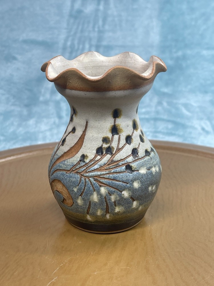 Vintage Studio Pottery Vase Hand Thrown Botanical Motif Scalloped Rim