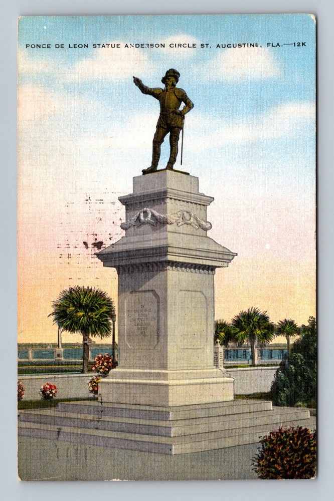 Postcard FL Ponce De Leon Statue Anderson Circle St Augustine Florida