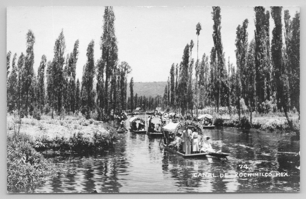 Xochimilco Mexico RPPC Postcard Canal Trajineras Boats People Trees Vintage