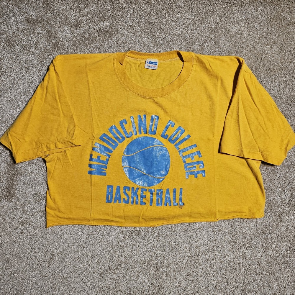 Vintage 70s 80s Mendo College Basketball Champion T-Shirt Single Prep Yellow Emo