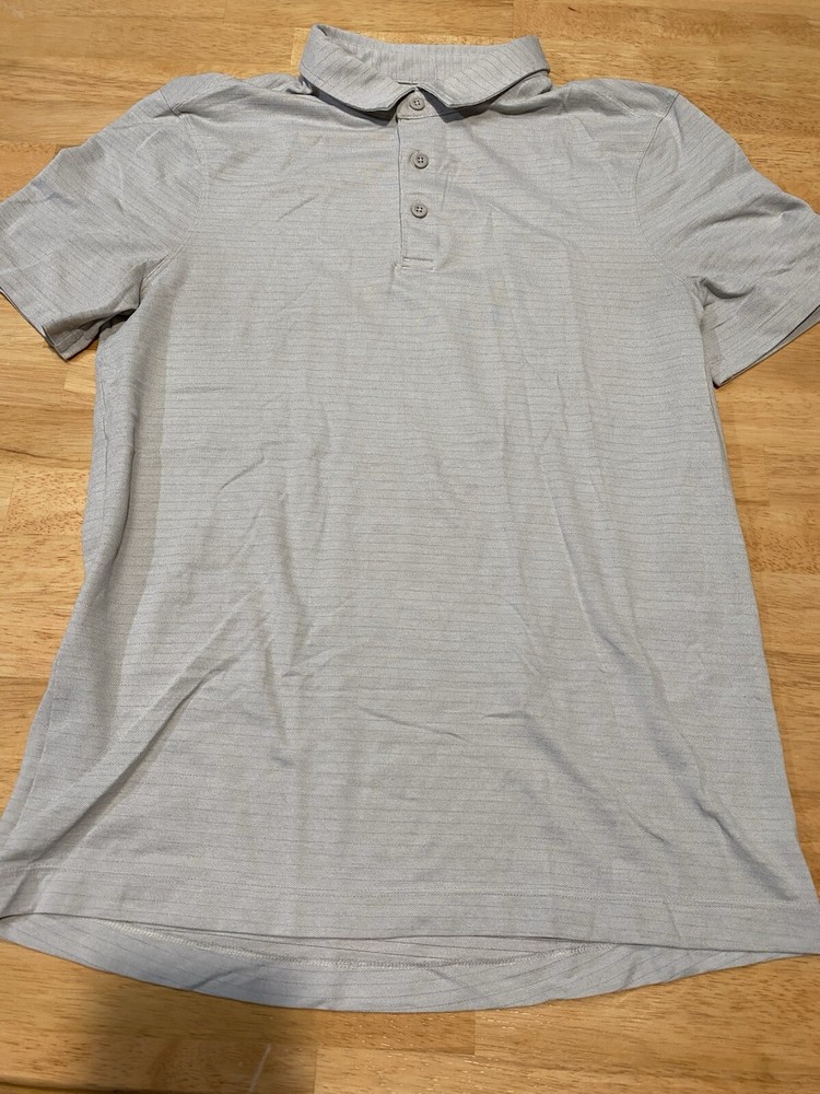 Lululemon Shirt Mens Small White/Gray Striped  Polo Golf Short Sleeve (6)