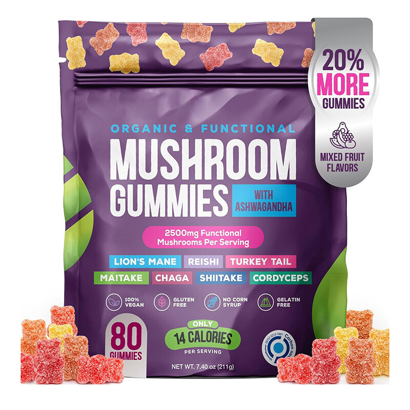 Mezcla vegana de hongos para enfoque e inmunidad, con 80 gomitas Reishi y Cordyceps