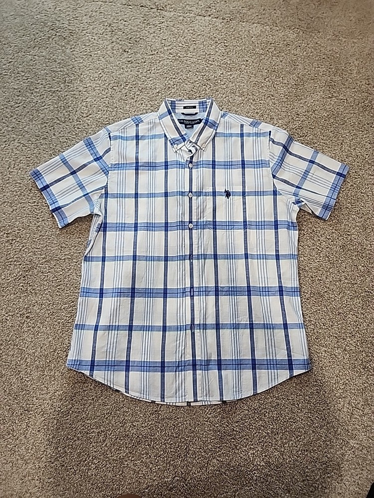 NWOT US Polo Assn Mens Large Blue & Green Plaid Short Sleeve Stretch Button Up