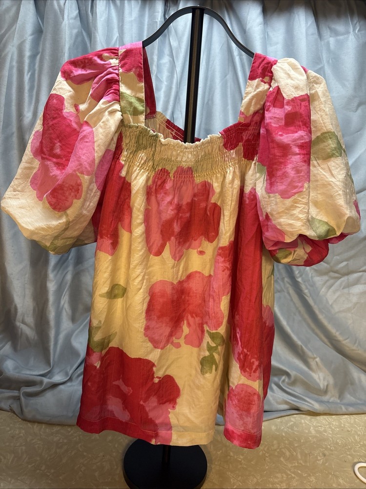 Umgee Top Women's Sz L Orange Pink Abstract Flutter Sleeve V Neck Blouse Spring