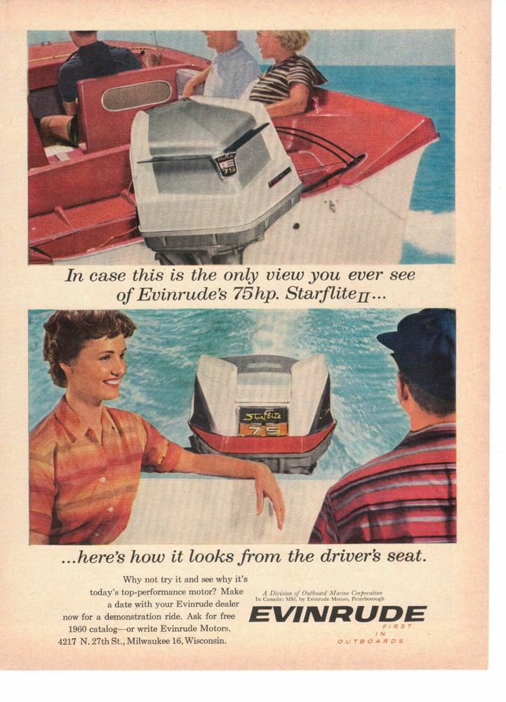 Evinrude Starflite II 75HP Outboard Motor Milwaukee WI ad 1960