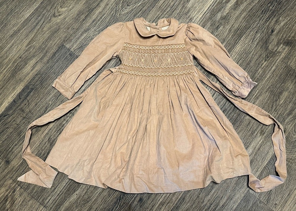 Little England Girl’s Khaki Corduroy Smocked Dress Size 3 Made In Peru