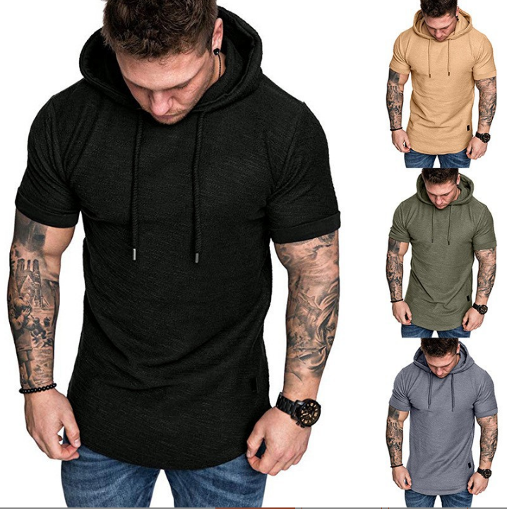 Men Hoodie Short Sleeve T-shirt Fitness Workout Gym Hooded Muscle Shirts Tops