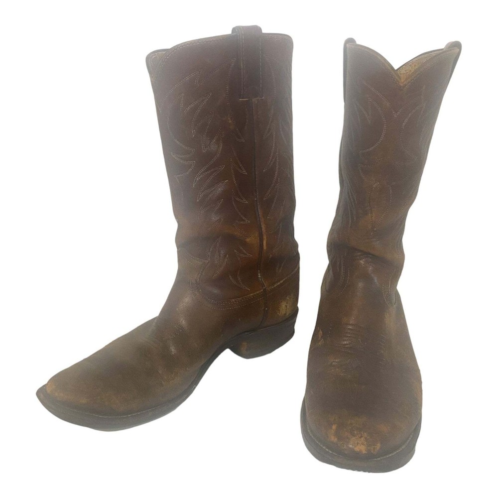 Men's Justin Distressed Brown Leather Cowboy Boots Size 8.5 D Almond Toe