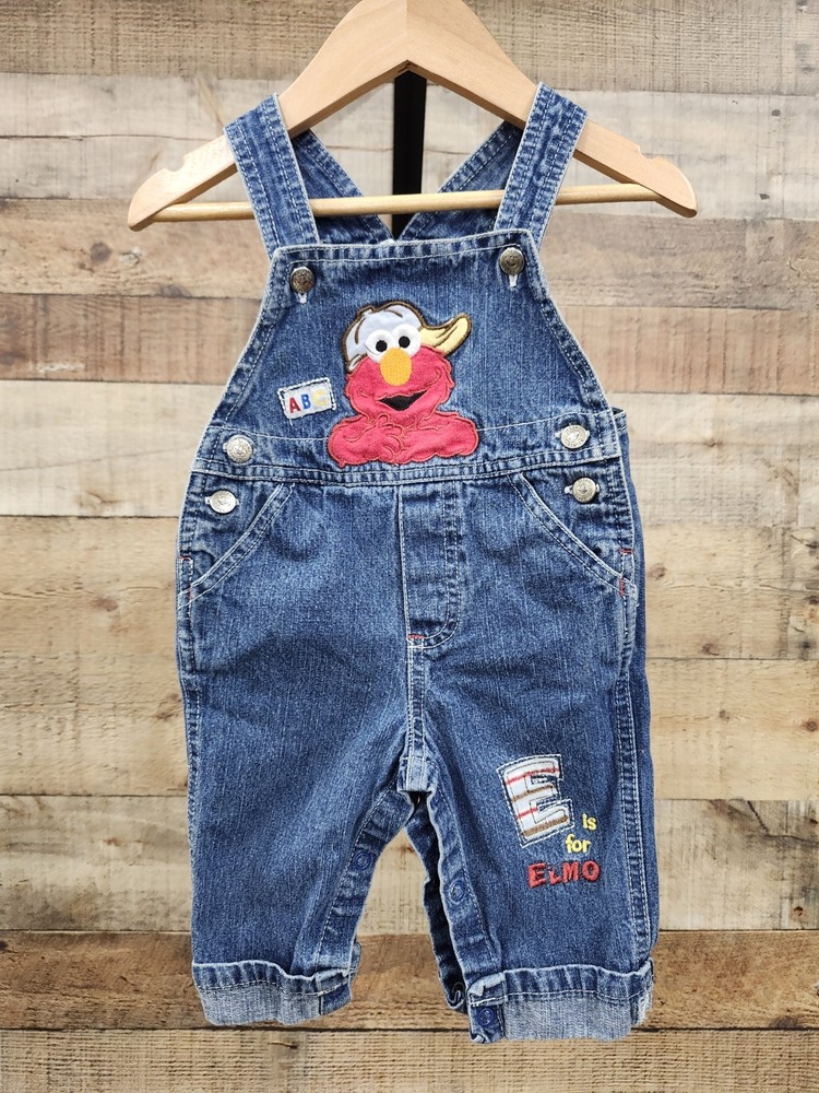 Vtg Elmo Sesame Street Denim Overalls Sz 6-9 Months Embroidered Great Condition