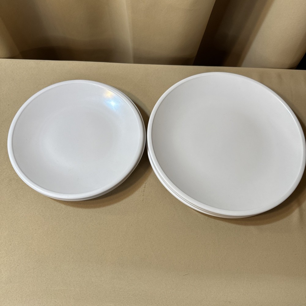 Set of 8 Crate & Barrel White Melamine Dinner Plates (4) and Salad Plates (4)