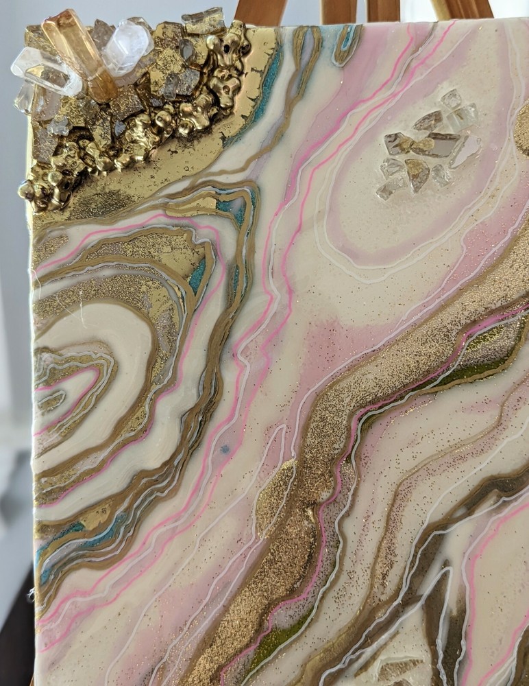 Resin art with crystals original Abstract painting on canvas 8x10