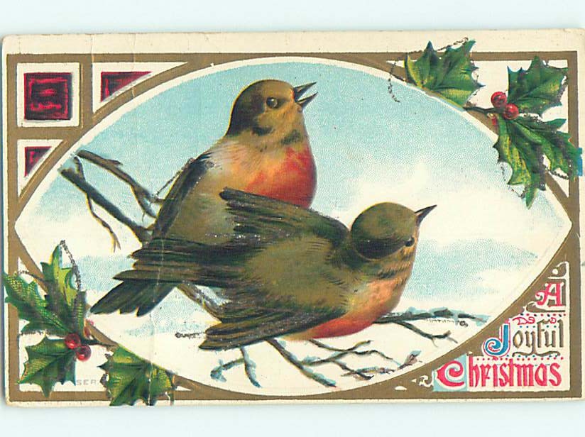 Pre-Linen christmas BEAUTIFUL LARGE BIRDS SITTING ON BRANCH : clearance hr2774