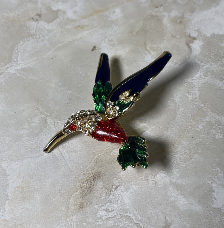 Hummingbird Bird Brooch Gold Tone Rhinestones Blue Green Red Enamel Crystal