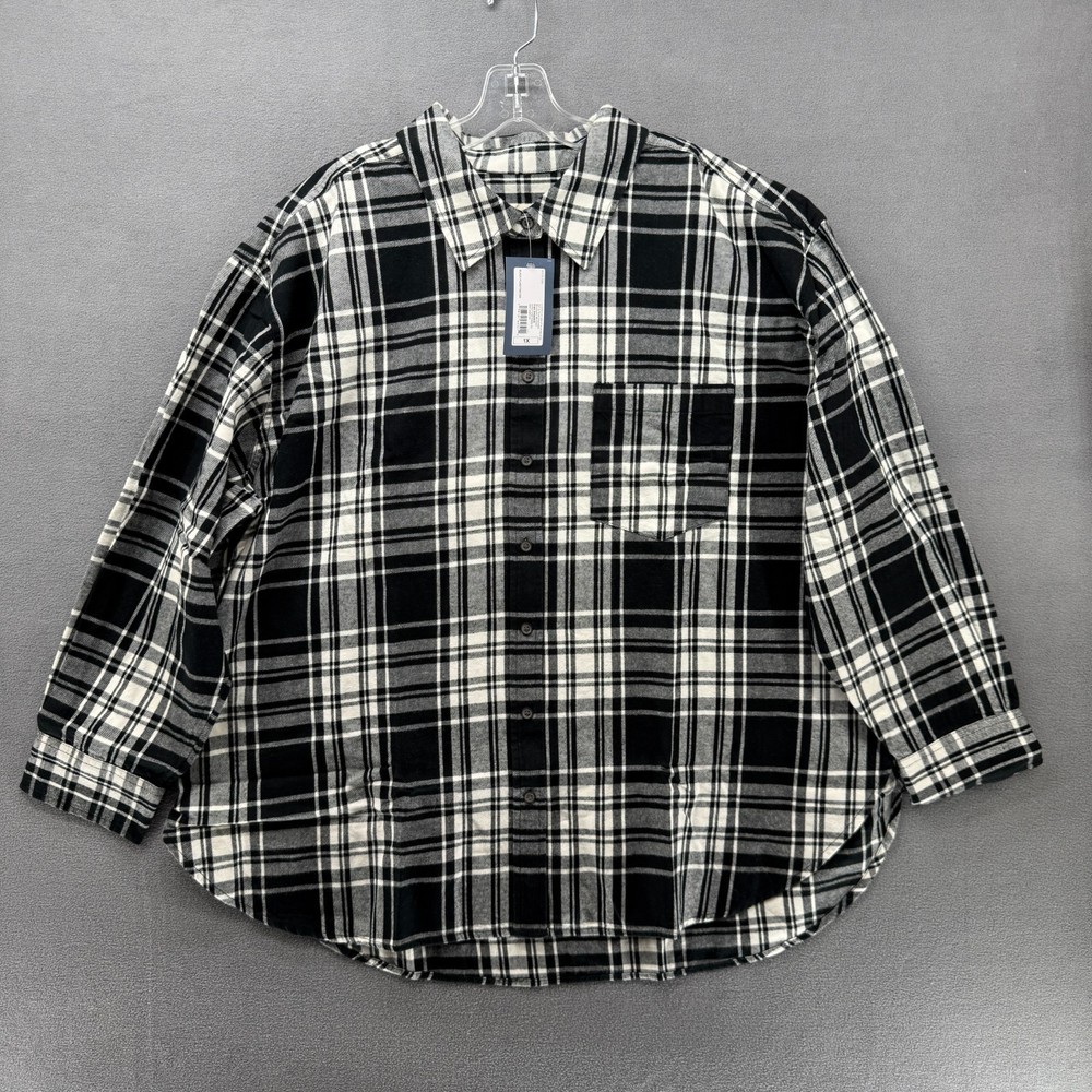 Universal Thread Black Plaid Cotton Flannel Button Down Shirt Womens 1X NEW
