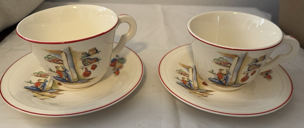 Vtg Pair of Edwin Knowles Semi Vitreous Tijuana Flat Cup &Saucer Sets Red Trim