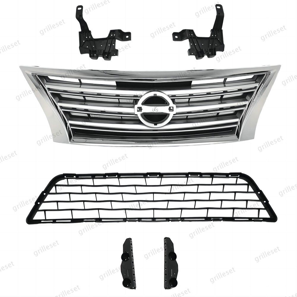 For Sentra 2013-2015 6PCS Upper/Lower Chrome Grille with Bumper Retainer Bracket