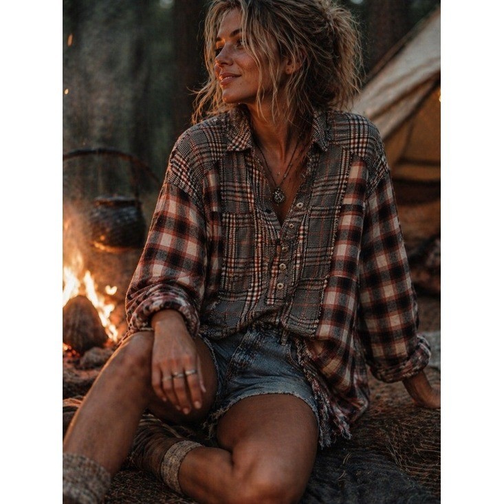 We The Free Patchwork Plaid Shirt Boho Raw Hem Small Boho Festival Beach Camping