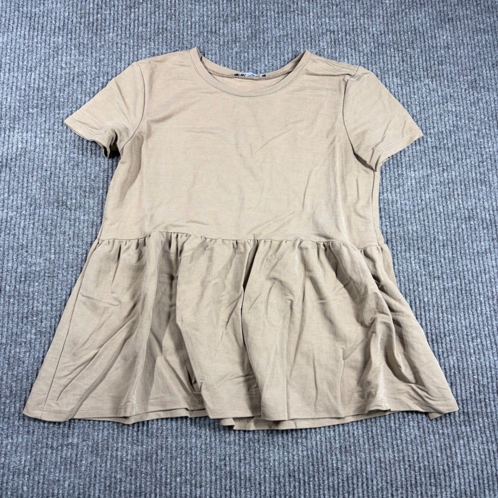 Zara Shirt Women's S Tan Peplum Short Sleeve Crew Neck Top Boho Cottage