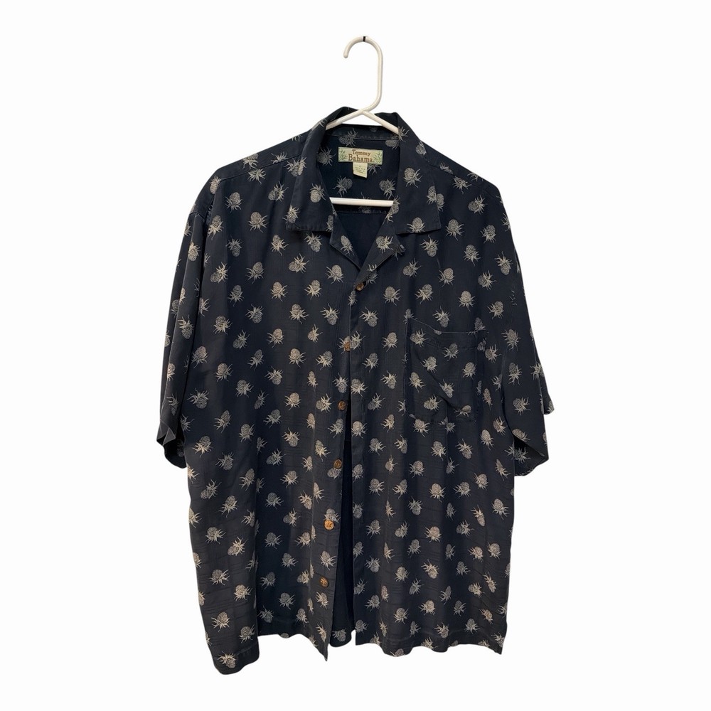 Tommy Bahama Men’s L Navy Silk Pineapple Print Button-Up Shirt Pockets