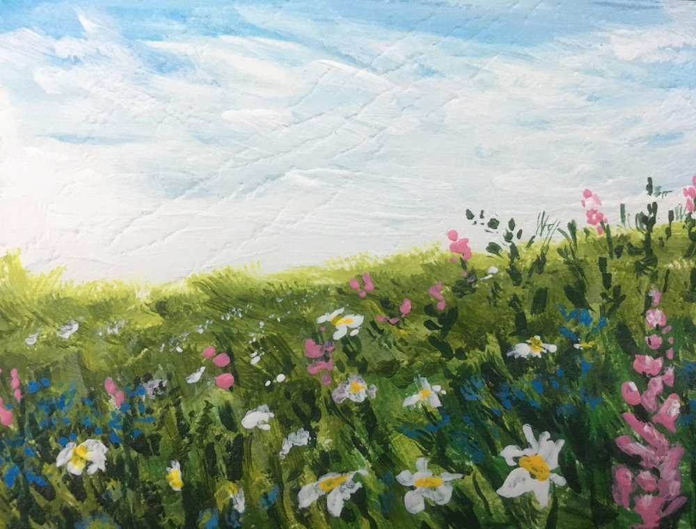 ACEO Original Acrylic Floral Landscape Art Card 2.5x3.5 Inches