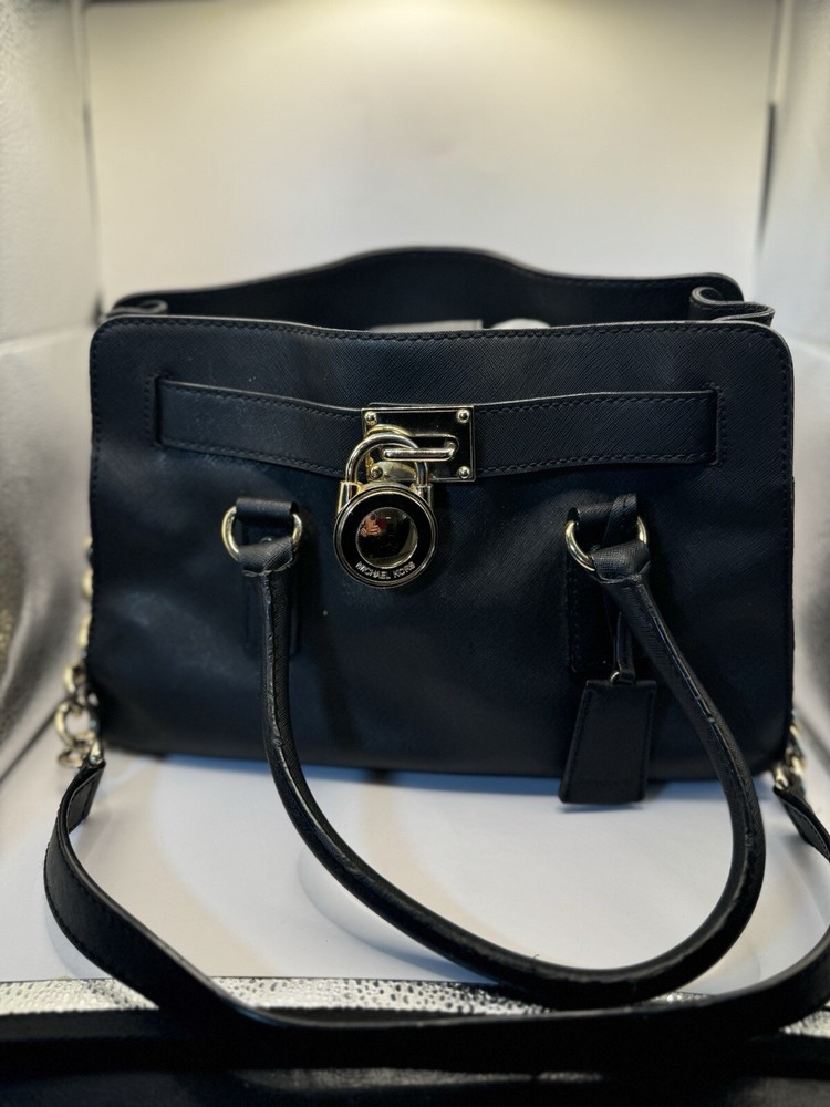 Michael Kors Hamilton Medium Satchel Bag with Gold Chain and Lock & Key Black