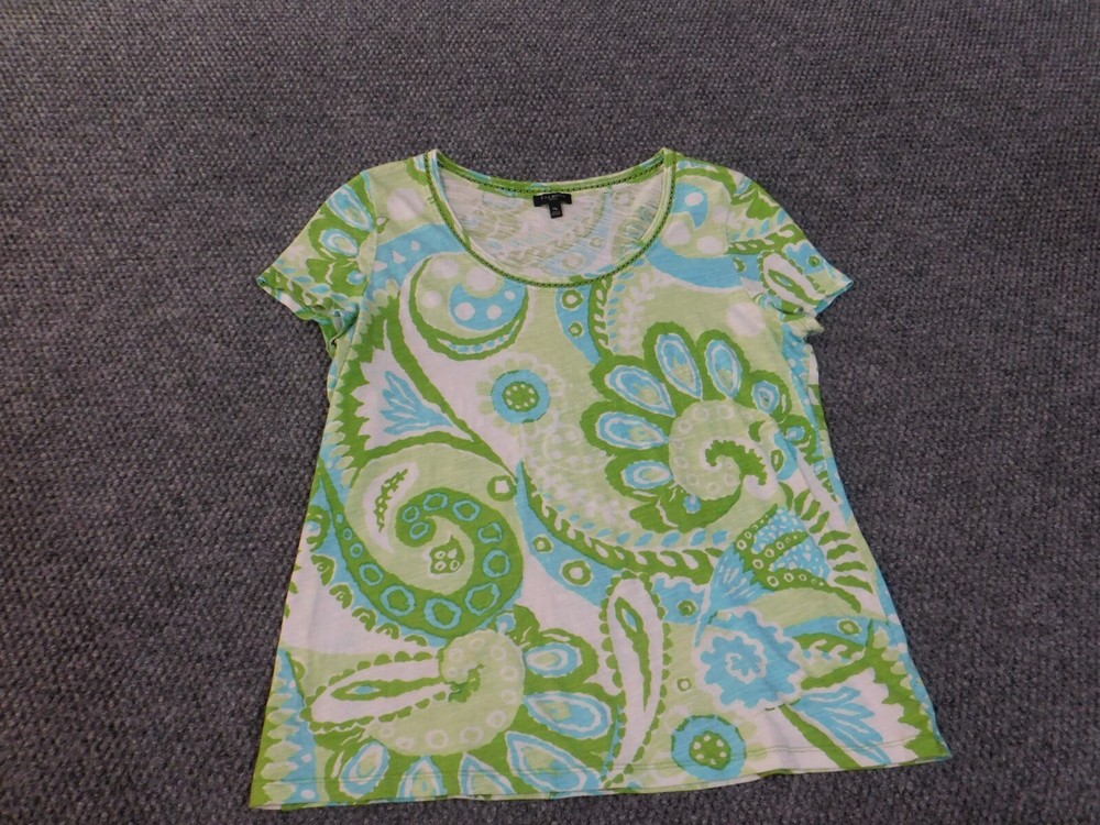 Talbots top Petite Medium Green Womens floral pullover geometric cotton