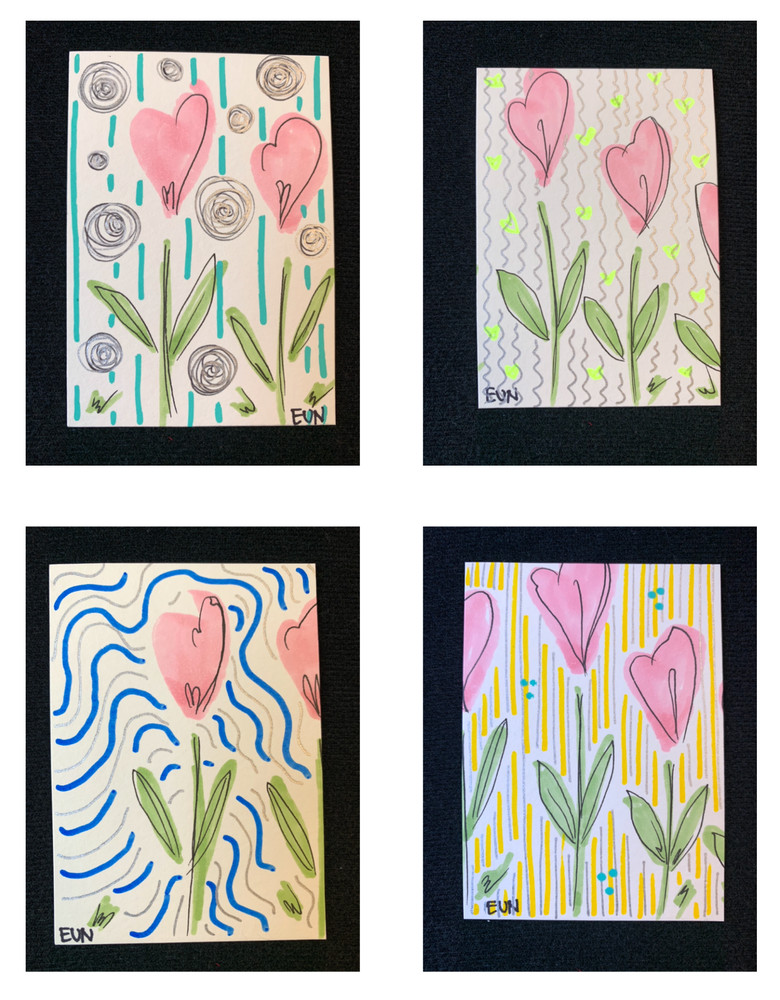 Original ACEO Abstract Flower Paintings by EUN Signed OOAK 4-Piece Set