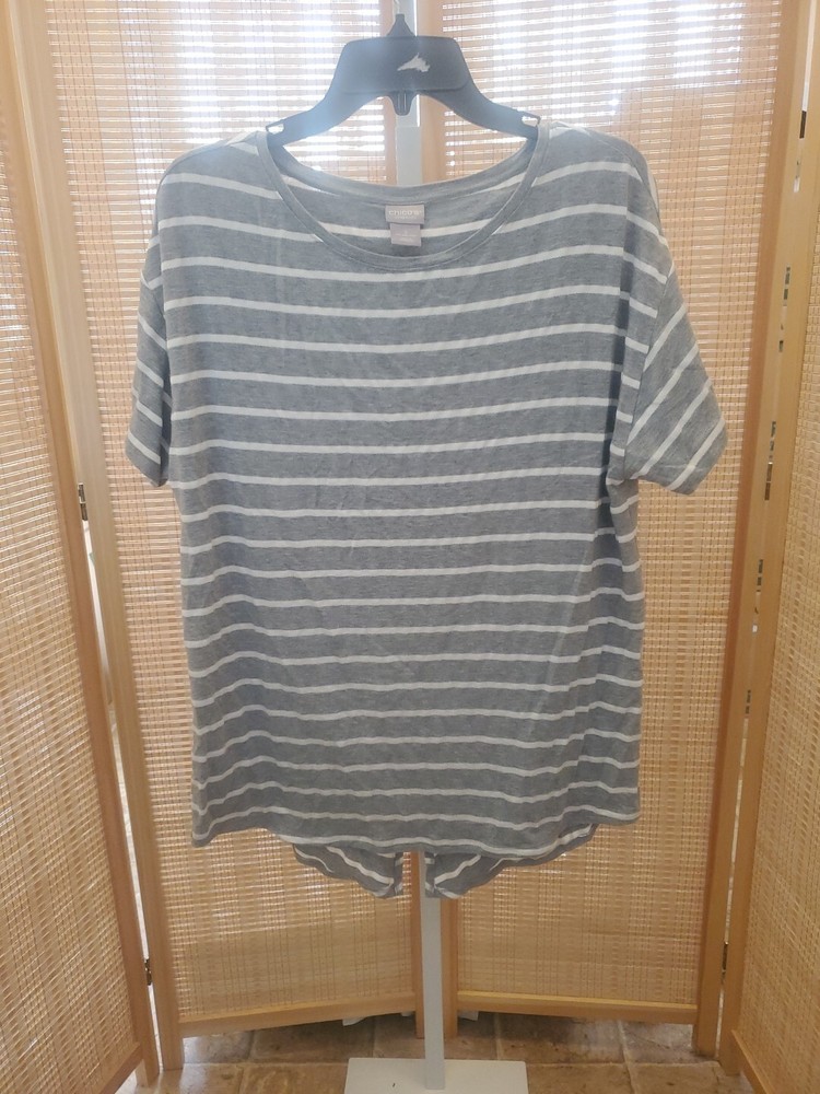 Chicos Womens Blouse Size 2 US 12/14 Gray White Striped Short Sleeves Zenergy